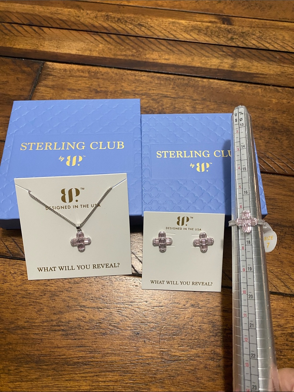 Bomb Party Sterling Club Set - Necklace, Earrings and Ring 7 Rose Quartz